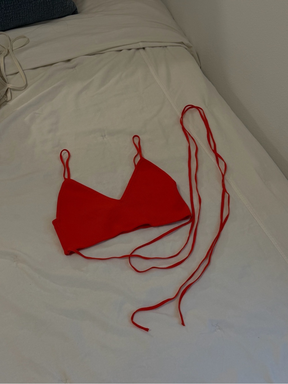 Zara Red Ribbed Crop Bikini Top with Long Wrap Ties